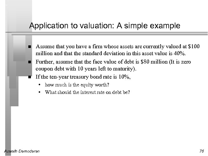 Application to valuation: A simple example Assume that you have a firm whose assets