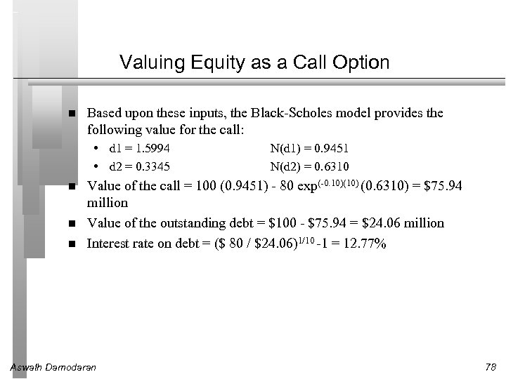 Valuing Equity as a Call Option Based upon these inputs, the Black-Scholes model provides