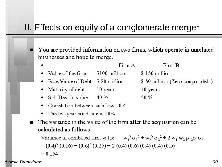 II. Effects on equity of a conglomerate merger You are provided information on two