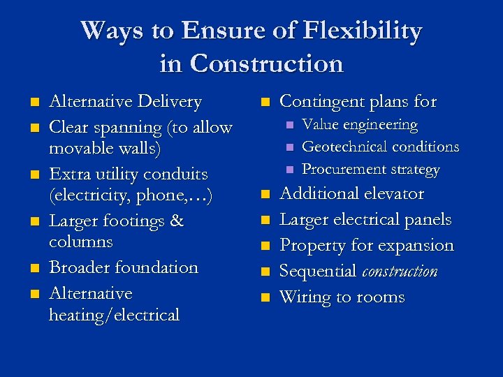 Ways to Ensure of Flexibility in Construction n n n Alternative Delivery Clear spanning