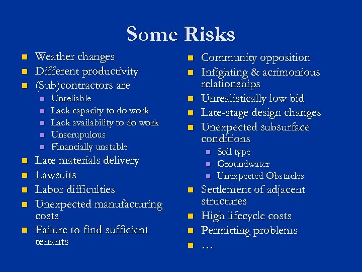 Some Risks n n n Weather changes Different productivity (Sub)contractors are n n n