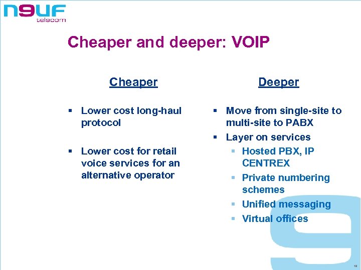 Cheaper and deeper: VOIP Cheaper § Lower cost long-haul protocol § Lower cost for