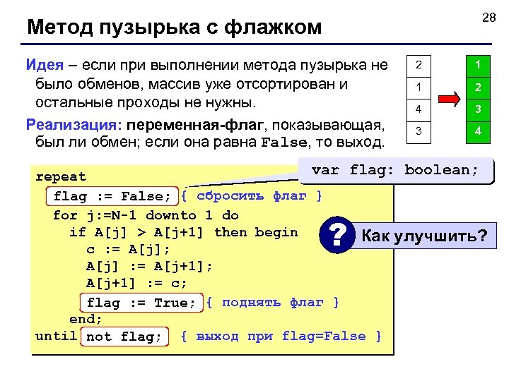 28 Метод пузырька с флажком Идея – если при выполнении метода пузырька не было