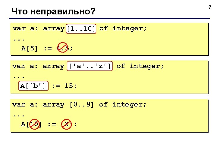 Что неправильно? var a: array[10. . 1] of integer; [1. . 10]. . .