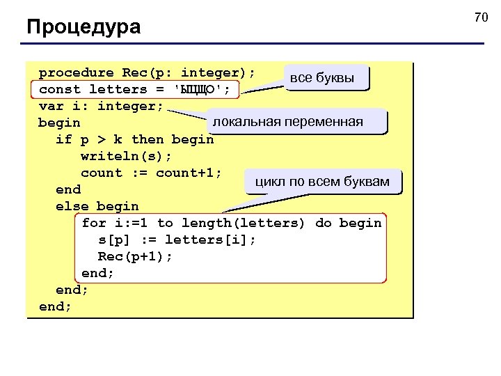 Then k 1 2. Массивы на языке Паскаль. If begin end else форматирование. Процедура Rec. Буквы для цикла for i j k.