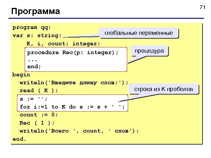 Программа program qq; глобальные переменные var s: string; K, i, count: integer; процедура procedure