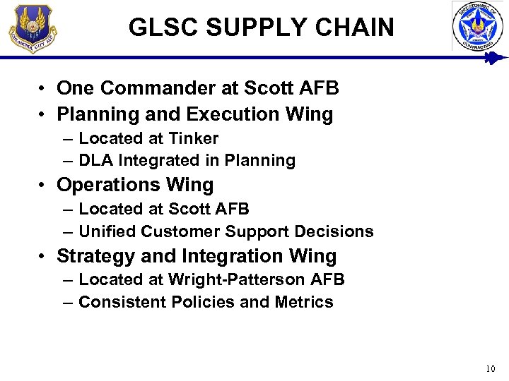 GLSC SUPPLY CHAIN • One Commander at Scott AFB • Planning and Execution Wing