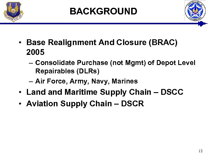 BACKGROUND • Base Realignment And Closure (BRAC) 2005 – Consolidate Purchase (not Mgmt) of