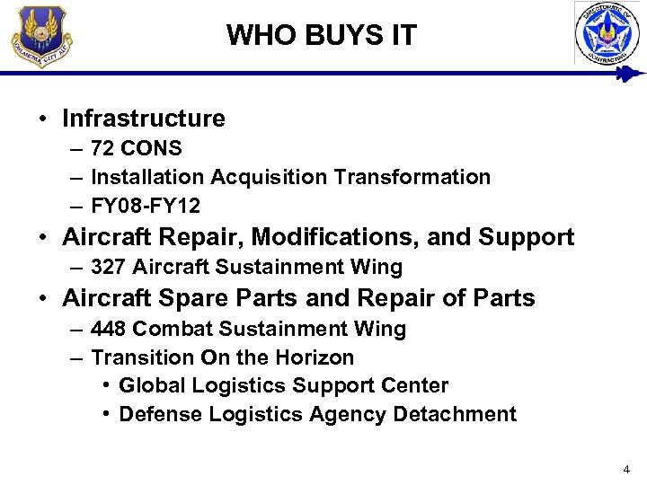 WHO BUYS IT • Infrastructure – 72 CONS – Installation Acquisition Transformation – FY