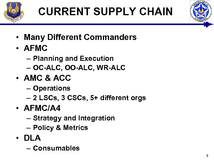 CURRENT SUPPLY CHAIN • Many Different Commanders • AFMC – Planning and Execution –