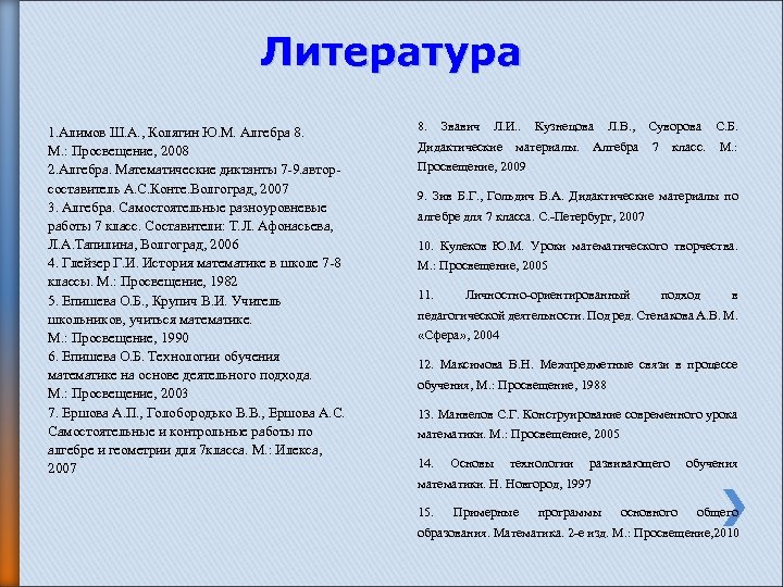 Литература 1. Алимов Ш. А. , Колягин Ю. М. Алгебра 8. М. : Просвещение,