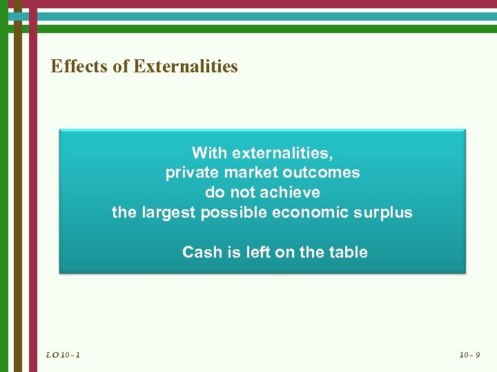 Effects of Externalities With externalities, private market outcomes do not achieve the largest possible