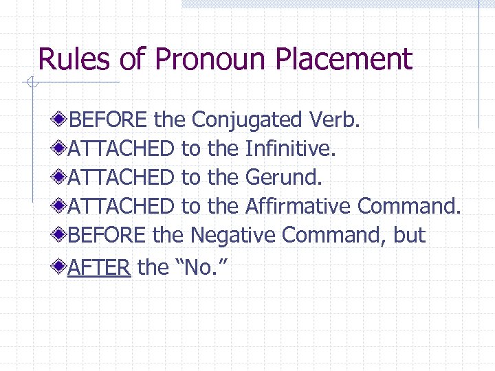 Rules of Pronoun Placement BEFORE the Conjugated Verb. ATTACHED to the Infinitive. ATTACHED to