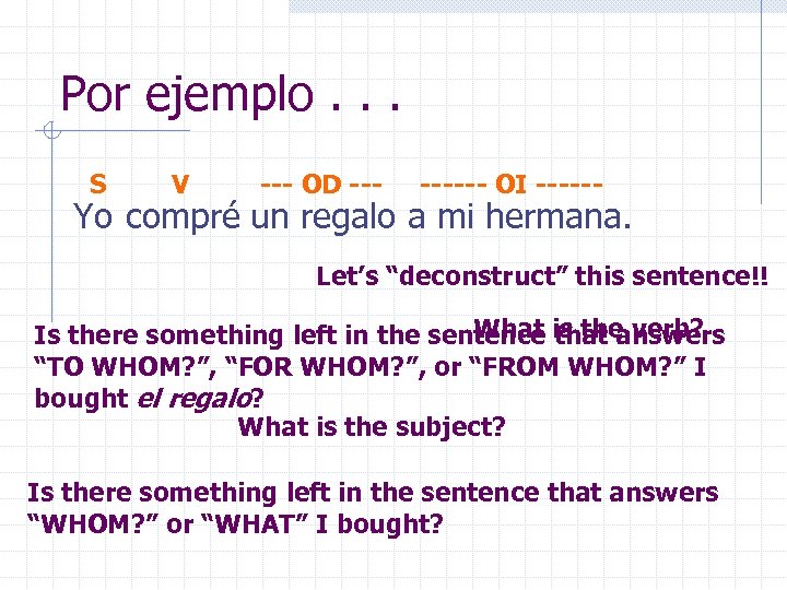 Por ejemplo. . . S V --- OD ------ OI ------ Yo compré un