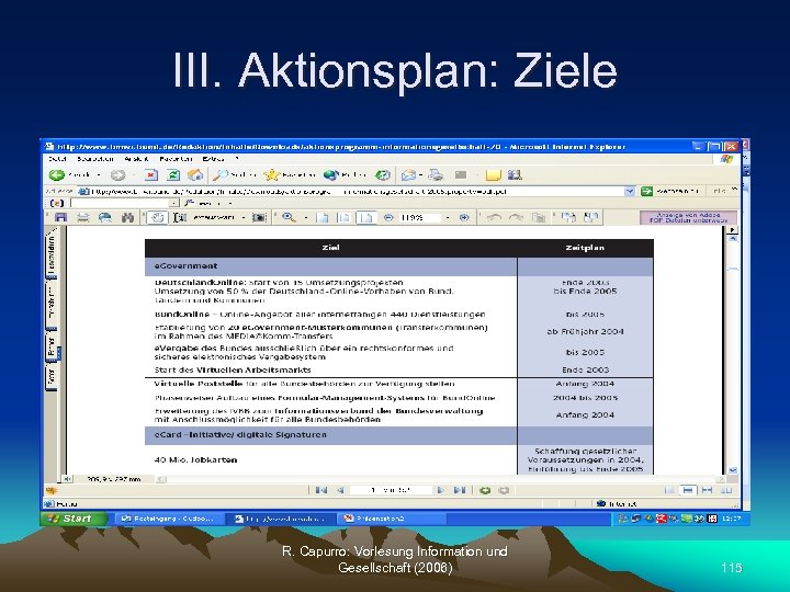 III. Aktionsplan: Ziele R. Capurro: Vorlesung Information und Gesellschaft (2006) 115 