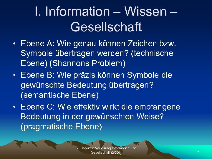 I. Information – Wissen – Gesellschaft • Ebene A: Wie genau können Zeichen bzw.