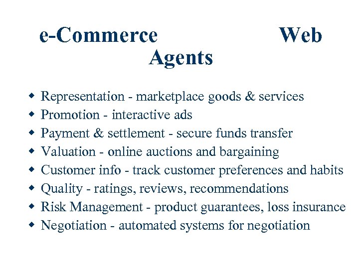 e-Commerce Agents w w w w Web Representation - marketplace goods & services Promotion