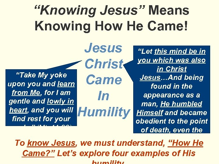 “Knowing Jesus” Means Knowing How He Came! Jesus Christ “Take My yoke upon you