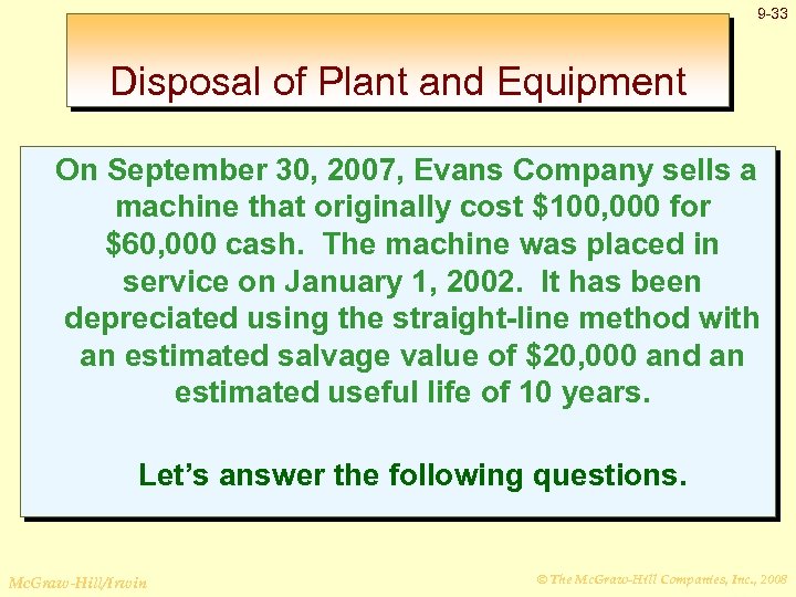 9 -33 Disposal of Plant and Equipment On September 30, 2007, Evans Company sells