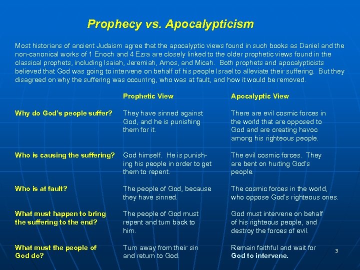 Prophecy vs. Apocalypticism Most historians of ancient Judaism agree that the apocalyptic views found