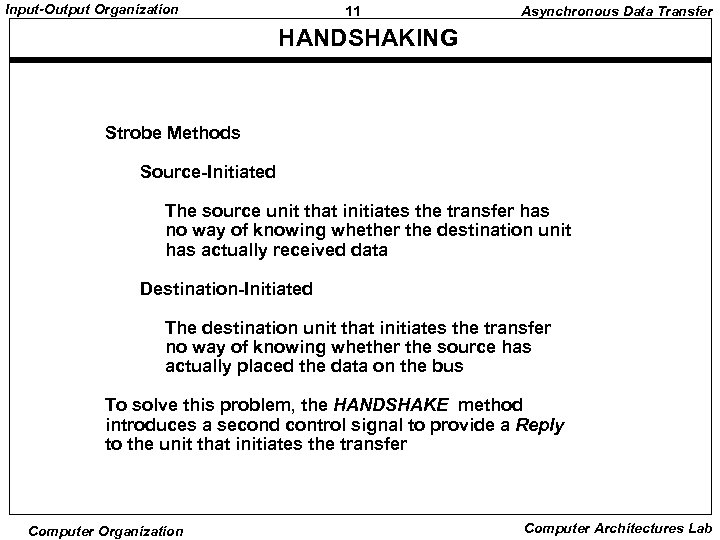 Input-Output Organization 11 Asynchronous Data Transfer HANDSHAKING Strobe Methods Source-Initiated The source unit that