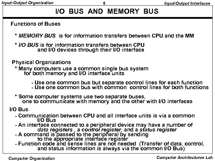 Input-Output Organization 6 Input/Output Interfaces I/O BUS AND MEMORY BUS Functions of Buses *