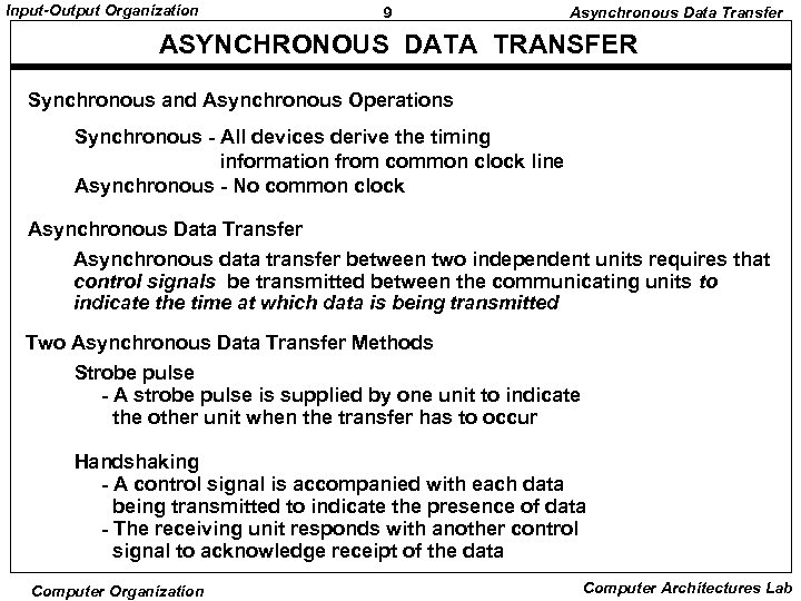 Input-Output Organization 9 Asynchronous Data Transfer ASYNCHRONOUS DATA TRANSFER Synchronous and Asynchronous Operations Synchronous