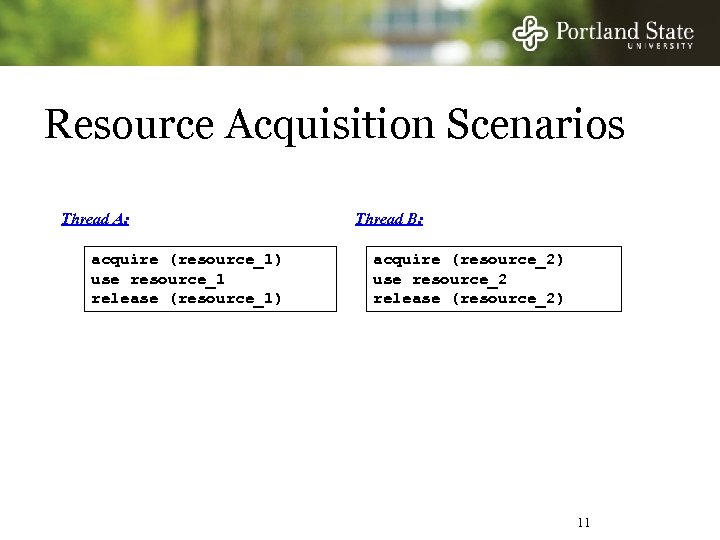 Resource Acquisition Scenarios Thread A: acquire (resource_1) use resource_1 release (resource_1) Thread B: acquire