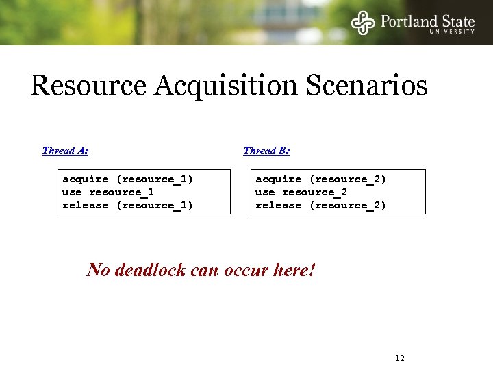 Resource Acquisition Scenarios Thread A: acquire (resource_1) use resource_1 release (resource_1) Thread B: acquire