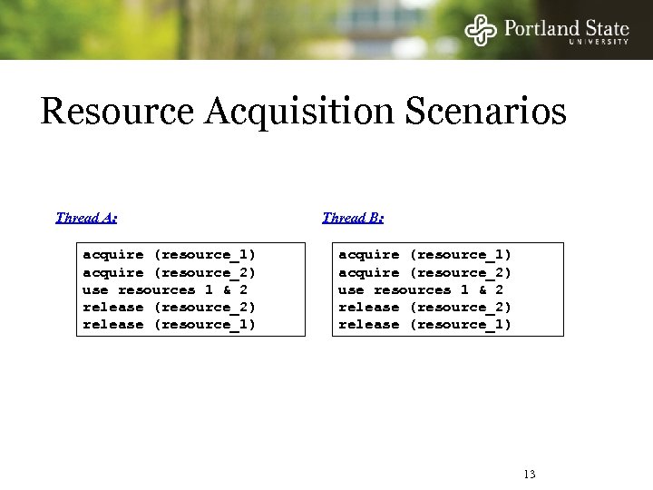Resource Acquisition Scenarios Thread A: acquire (resource_1) acquire (resource_2) use resources 1 & 2