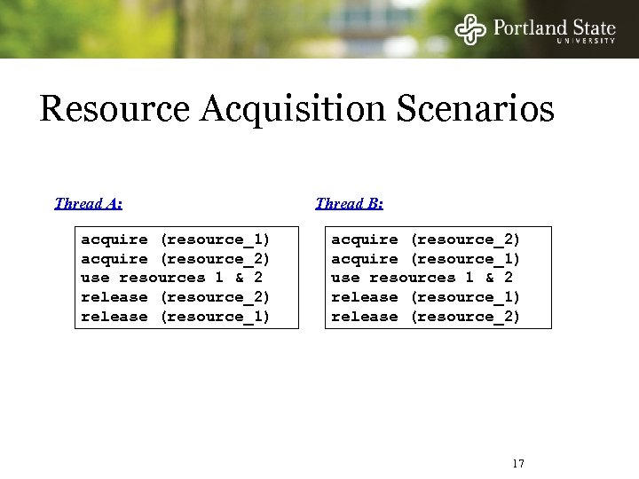 Resource Acquisition Scenarios Thread A: acquire (resource_1) acquire (resource_2) use resources 1 & 2