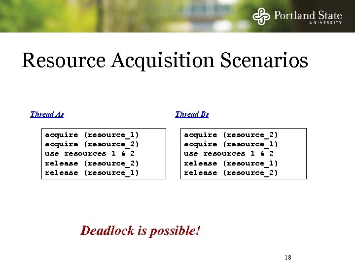 Resource Acquisition Scenarios Thread A: Thread B: acquire (resource_1) acquire (resource_2) use resources 1
