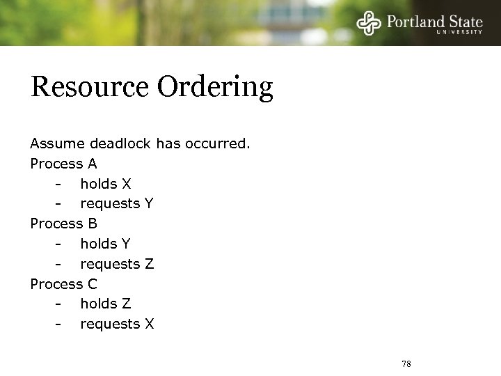 Resource Ordering Assume deadlock has occurred. Process A - holds X - requests Y