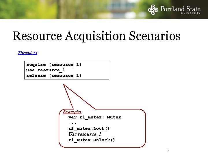 Resource Acquisition Scenarios Thread A: acquire (resource_1) use resource_1 release (resource_1) Example: var r