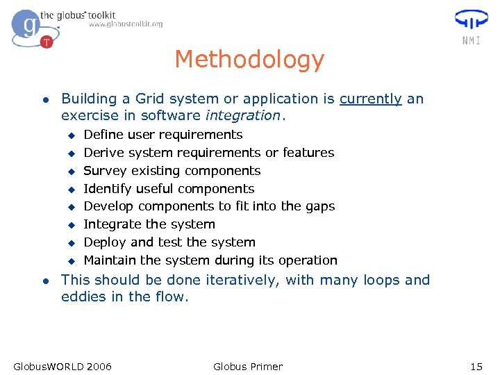 Methodology l Building a Grid system or application is currently an exercise in software