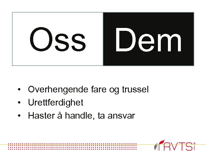 Oss Dem • Overhengende fare og trussel • Urettferdighet • Haster å handle, ta