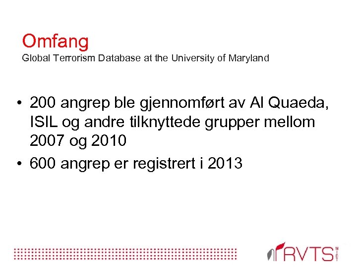 Omfang Global Terrorism Database at the University of Maryland • 200 angrep ble gjennomført