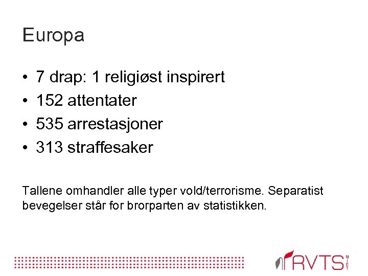 Europa • • 7 drap: 1 religiøst inspirert 152 attentater 535 arrestasjoner 313 straffesaker