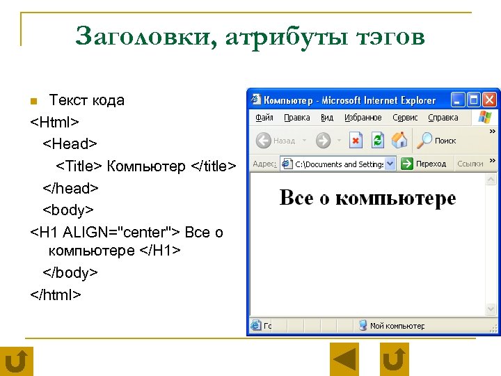 Заголовки, атрибуты тэгов Текст кода <Html> <Head> <Title> Компьютер </title> </head> <body> <H 1