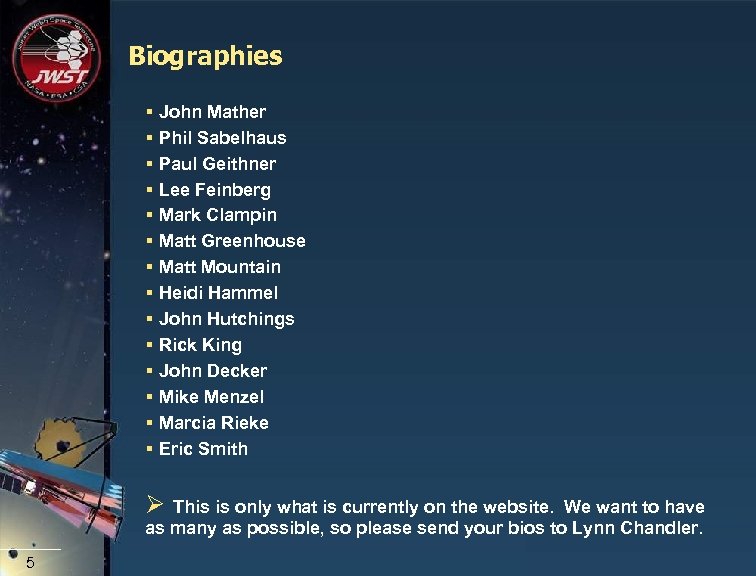 Biographies § John Mather § Phil Sabelhaus § Paul Geithner § Lee Feinberg §