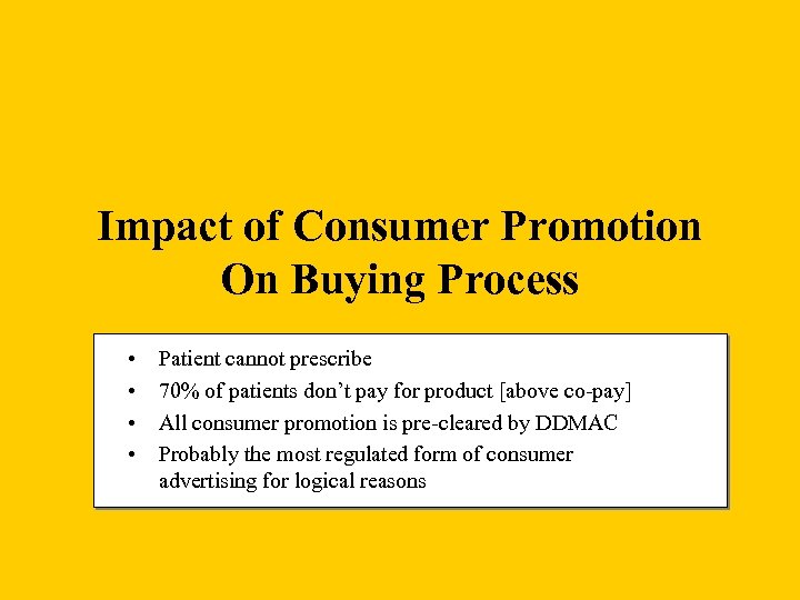 Impact of Consumer Promotion On Buying Process • • Patient cannot prescribe 70% of