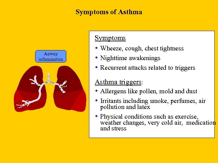 Symptoms of Asthma Symptoms Airway inflammation Wheeze, cough, chest tightness Nighttime awakenings Recurrent attacks