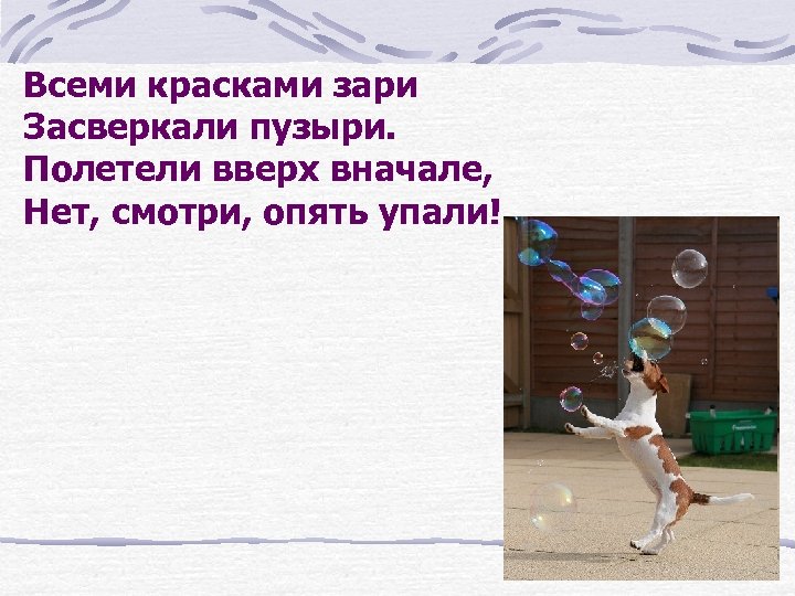 Всеми красками зари Засверкали пузыри. Полетели вверх вначале, Нет, смотри, опять упали! 