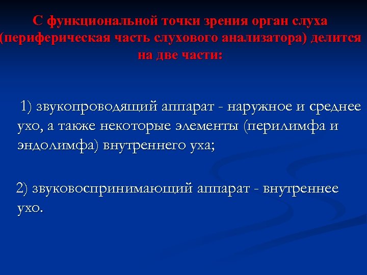С функциональной точки зрения орган слуха (периферическая часть слухового анализатора) делится на две части: