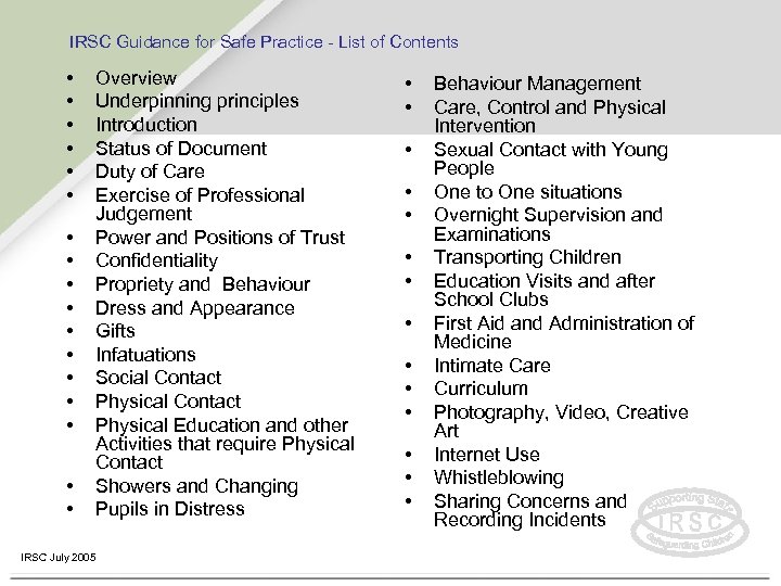 IRSC Guidance for Safe Practice - List of Contents • • • • •