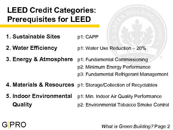 LEED Credit Categories: Prerequisites for LEED 1. Sustainable Sites p 1: CAPP 2. Water