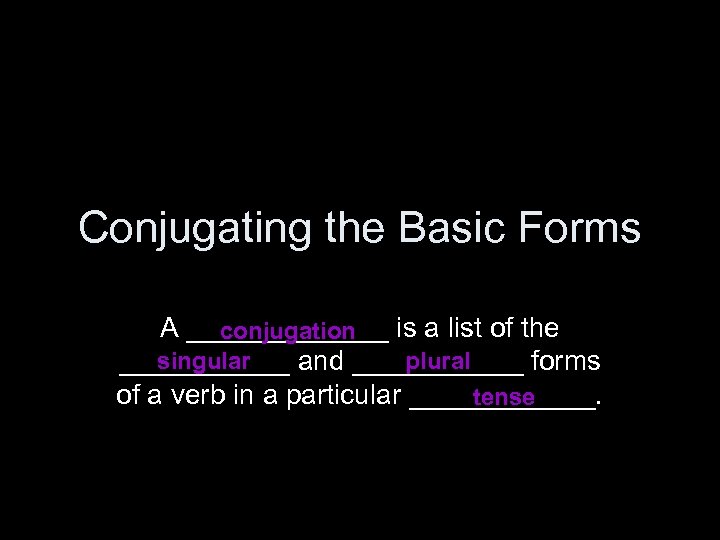 Conjugating the Basic Forms A _______ is a list of the conjugation singular plural