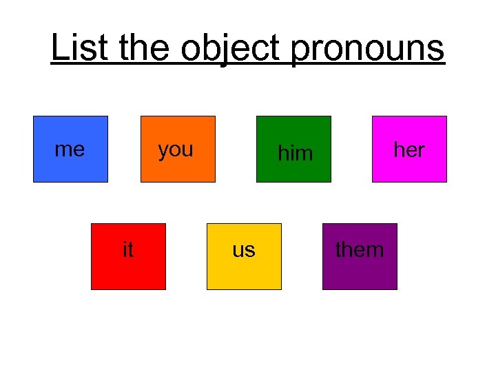 List the object pronouns me you it her him us them 