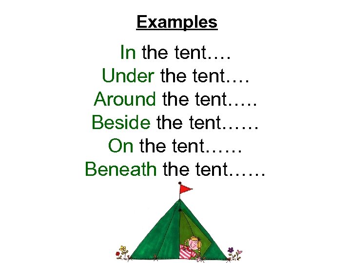 Examples In the tent…. Under the tent…. Around the tent…. . Beside the tent……