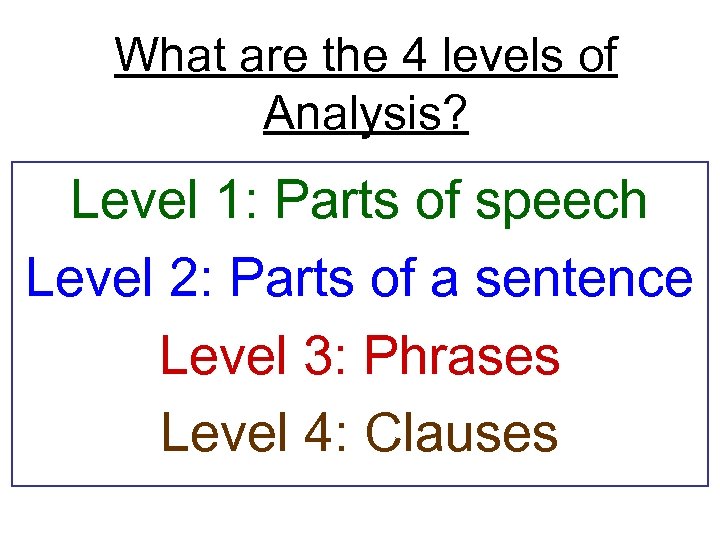 What are the 4 levels of Analysis? Level 1: Parts of speech Level 2: